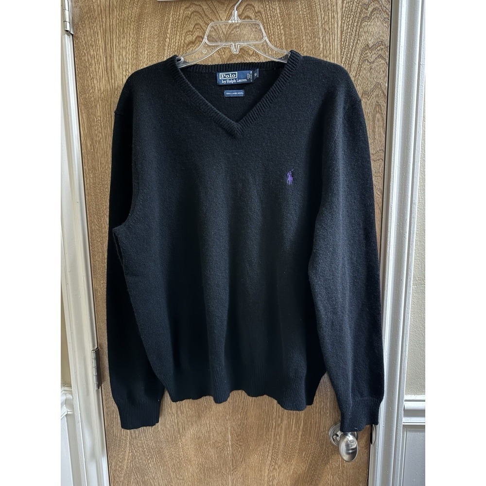 Polo Ralph Lauren 100% Lambs Wool Sweater Size XL Black Purple Logo Retro Vtg